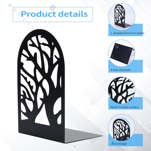 EOOUT Bookends for Shelves Decorative, 5 Pairs of Tree Bookends Supports, Black Metal Book Stoppers for Heavy Books, Heavy Duty Book Ends for Home Office School.