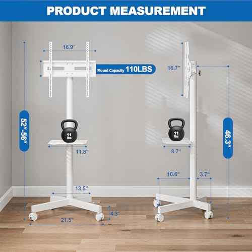 Mobile TV Stand for 23-65 Inch LCD LED Flat/Curved Panel Screen TVs, Height Adjustable Rolling TV Stand with Tilt Mount and Shelf, Portable Stand Holds up to 110 lbs, Max VESA 400x400mm, White
