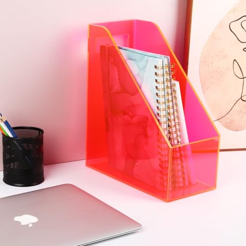 Acrylic Magazine Rack Desk File Holder Organizer for Office Desktop Vertical Magazine Storage Box, 12 x 10 x 5'', Neon Pink