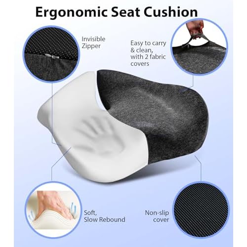 Seat Cushion, Memory Foam Pressure Relief Coccyx Cushion for Tailbone Pain, Extra-Large Butt Pad for Office Chair, Car Seat, and Gaming Chair Pain Relief, Extra Cover