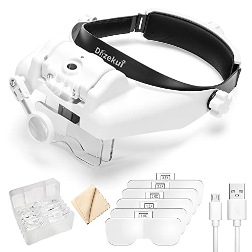 White Rechargeable Headset Magnifier with 14X Lighted Loupe for Jewelry & Crafts