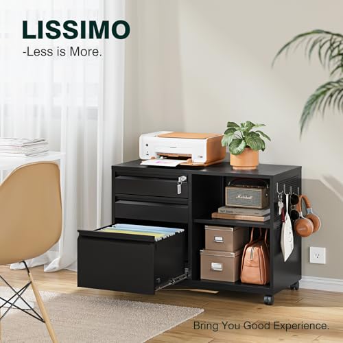 LISSIMO 3-Drawer File Cabinet with Lock, Mobile Lateral Filing Cabinet 34.5W x 24.4H x 15.8D (Black)