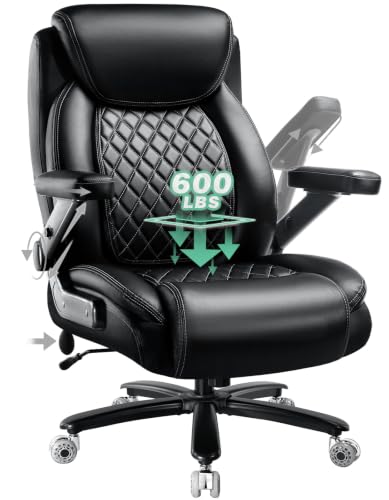 Indulgear Heavy Duty Office Chair 600LBS Black Large Executive Desk Chair with 5D Flip Arms & Lumbar Support
