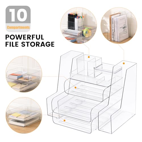 Desk Organizer with 2 Vertical File Holder, 4 Tier Stackable Paper Letter Tray File Organizer with 5-Compartments Pen Holder, Clear Desktop Organizer Office Organization and Storage