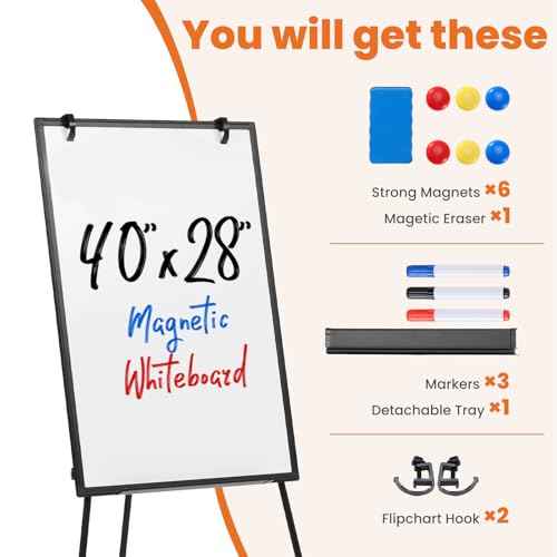 Sweetcrispy Whiteboard Easel 40 x 28 Inches, Magnetic Dry Erase White Board, Portable Boards Height Adjustable, Dry Erase Board with Stand for School, Office and Home, Silver Aluminium Frame, Black