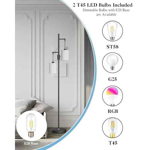 Lightdot 65IN Dimmable Floor Lamp for Living Room, Industrial 2-Light Tree Floor Lamps with LED E26 Bulbs Included, 3000K Mid Century Floor Lamp with Fabric Lampshades for Bedroom HOM Office-Black