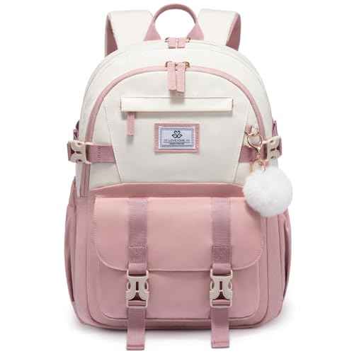 LOVEVOOK Pink Cute School Backpacks for Girls, Back to School Bookbag for Girls 10-12, Lightweight Backpack for Middle School Teens Students with Large Cup Holder, Fits 15.6" Laptop