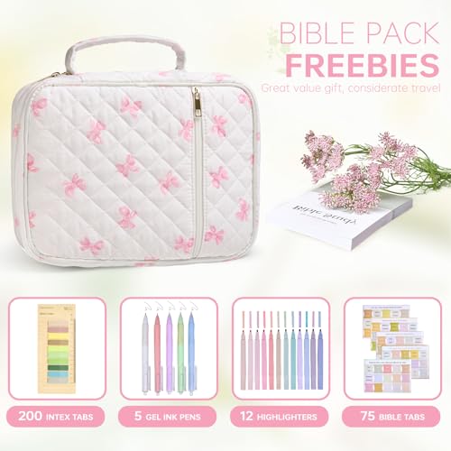 Pink Bow Bible Cover Case for Women Large Bible with Handle - Quilted & Organized