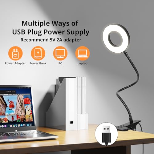 Woputne Black Clip-On Desk Lamp for Reading & Study, 3 Light Modes & Dimmable