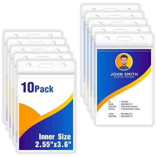 10Pack Vertical ID Badge Holder - Extra Thick Clear ID Card Holder with Waterproof Resealable Zip - Name Tag Holder for Nurses, Office and School