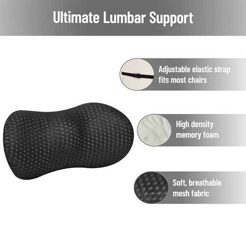 Mind Reader Lumbar Support Pillow with Air-Cloud Technology, Memory Foam Cushion for Back, Waist & Hip Pain Relief, Breathable Cover, Black