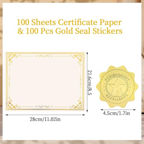 Prudiut 100 Sheets Certificate Paper with 100 Gold Seals – 8.5 x 11" Printable Awards, 180g 4.5cm Seal