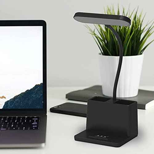 AXX Black LED Desk Lamp for Home Office Bedroom, Battery Operated Table Light for Computer Desktop, Small, Cute, Dimmable, Rechargeable, Flexible Gooseneck, Pen Holder, Phone Mount, Touch Control