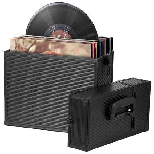 MOHOPE Vinyl Record Storage Box For Double LP Record Case Storage For 30 Single Records 7/10/12 Inch Record Crate Organizer Display Box With Lid Handle For Valuable Album Collection