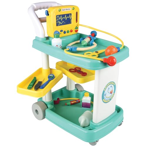 Constructive Playthings Deluxe Doctor Kit for Toddlers 3-5, Pretend Play Toy Medical Station, Includes Rolling Cart with Pullout Shelves and Medical Supplies, Blue & White, 15-Piece Kids Playset