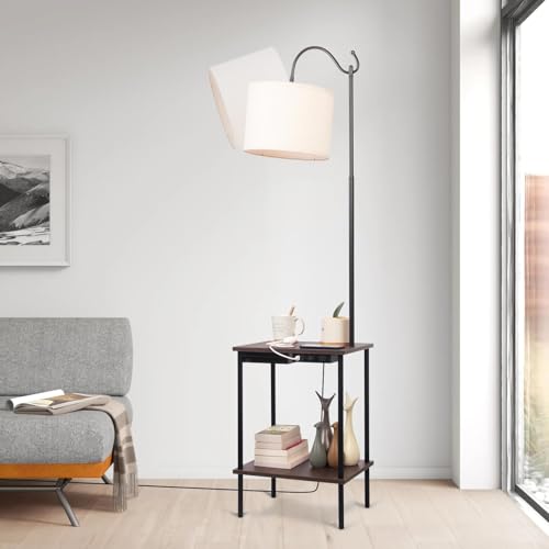 Floor Lamp with Table Industrial Rustic End Table,Industrial Floor Lamp with USB Wireless Charging Port£¦Charging Outlet,Bedside Nightstand Shelves Standing Light Tall Pole lamp with Drawer