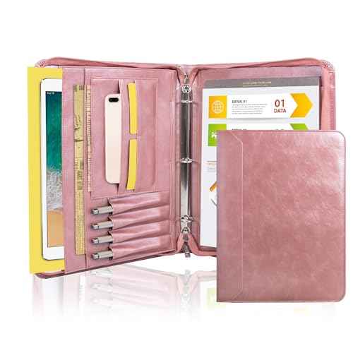 AZXCG Padfolio for Women,Vegan Leather Padfolio with 3 Ring Binder,Professional Business Portfolio Organizer,Multi-Pocket Leather Binder for Meeting/Interview