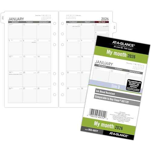 AT-A-GLANCE 2026 Planner Refill, Monthly, 3-3/4" x 6-3/4", Portable Size 3, Loose-Leaf (063-685Y-26)