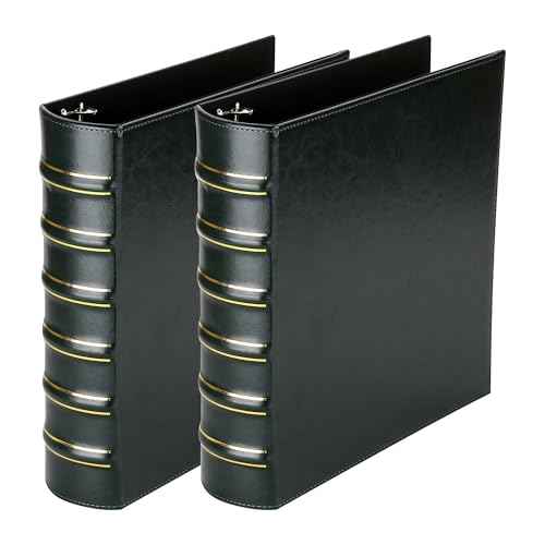 Vintage Hardback 3 Ring Binder 2 Inch, Professional Leather Binders 2 Inch D Ring, Holds 400 Sheets Capacity 2 Pack - Dark Green