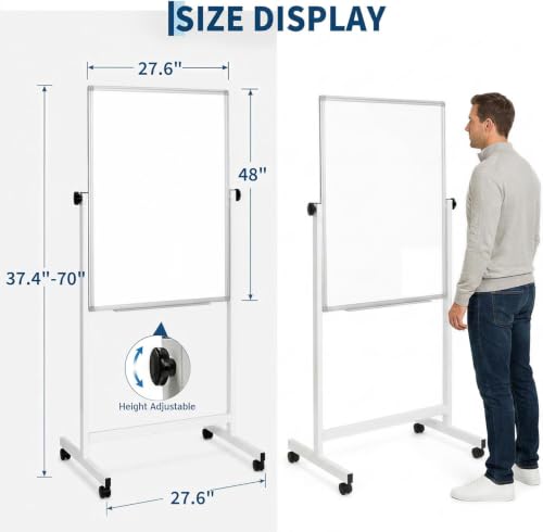 IDEALHOUSE 40x28 Inch White Double-Sided Mobile Whiteboard with Adjustable Height