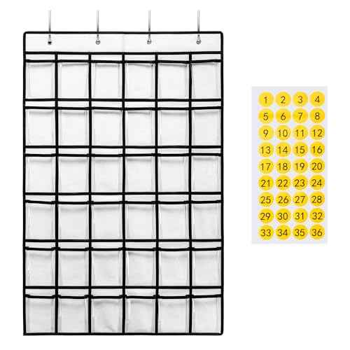 36 Clear Pockets Classroom Pocket Chart for Cell Phones, Pocket Chart for Calculator Phone Holder with 36 Number Stickers and Hooks (White)