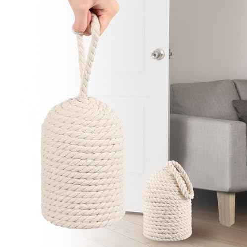 Decorative Door Stop Rope Door Stop with Handle 4.72 ''d x 11.42''h 5.4lb Heavy Weight Stoppers for Window Wedge Bookend Home Wedge to Keep Open (White,2 Pcs)