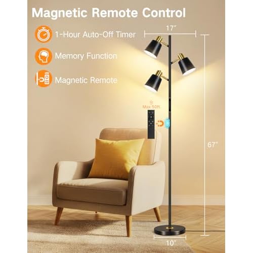 OUTON LED Tree Floor Lamp, Modern Dimmable Standing Lamp with Remote & Touch Control, 4 Color Temperatures, 3 Rotatable Lights Floor Lamps for Living Room, Bedroom, Office, Black & Gold