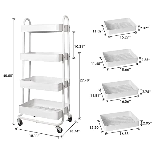 elabo 4-Tier Metal Mesh Utility Rolling Cart, Storage Organizer Trolley Services Cart with Lockable Wheels for Kitchen, Bathroom, Living Room (White)