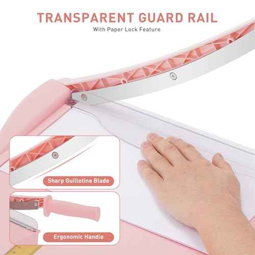 Paper Cutter, Paper Slicer with Safety Guard and Blade Lock, 12" Cut Length Guillotine Paper Cutter with 16 Sheet Capacity, Paper Cutters and Trimmers for Cardstock Cardboard (Pink)