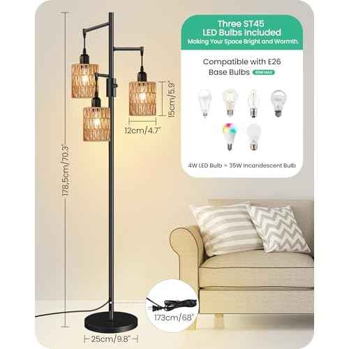 Dimmable Floor Lamp, Farmhouse Tall Standing 70.3" Tree Lamp with 3 Rope Woven Lampshades, Boho Rattan Floor Lights, 4W 3 LED Bulbs Included, for Living Room, Bedroom, Study, Office B03LD05