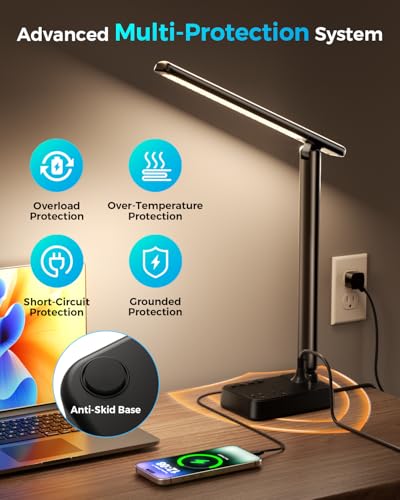 Sompaty Matte Black LED Desk Lamp with Power Strip, 3 AC Outlets, 4 USB Ports, Dimmable, 5FT