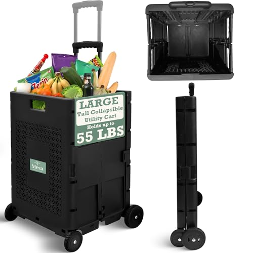 Inspired Living Collapsible Ultra-Slim Pack-N-Roll 4 Wheel Utility Cart, Upto 55 Lbs,Telescopic Handle,durable for Home, Garden, Shopping, Office, School, Laundry, Folds down to 3" Medium, Tall, Black