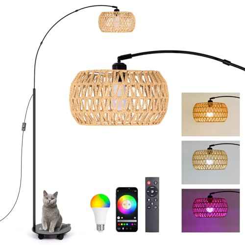 RGB Arc Floor Lamp with 3 Color Temperatures, Dimmable Rattan Boho Standing Lamp, APP and Remote Control, Modern Tall Lamp for Reading, Living Room, Bedroom, Office, Black