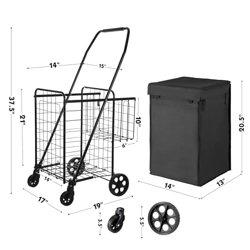 Folding Shopping Cart with Waterproof Liner, Grocery Cart Large Bag with Top Cover, 200 Lb Capacity, Utility Cart with 360¡Æ Rolling Swivel Wheels, Medium & Extra Basket