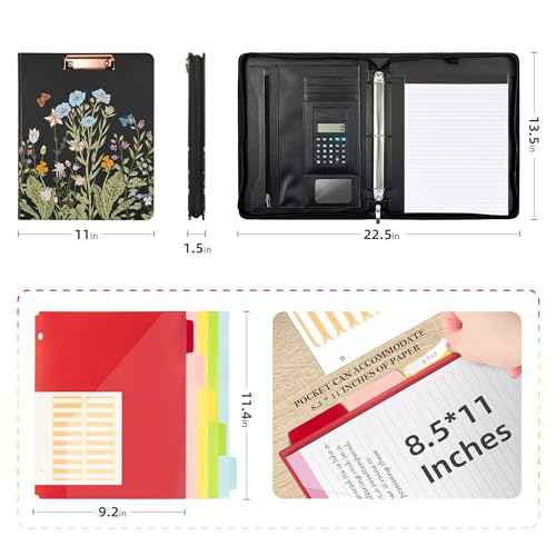 Ospelelf Leather Portfolio Folder with Zipper - 3 Ring Binder with Clipbard - Calculator, 12.1¡± Tablet Sleeve, 5 Dividers with 10 Pockets, Refillable Notepad, Card Holder (Bushes)