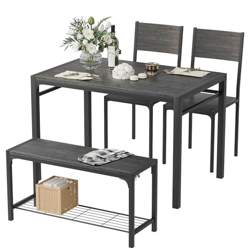 YESHOMY Grey 4-Piece Kitchen Table & Chairs Set with Storage Bench