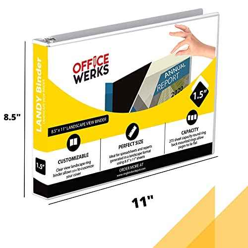 4 Pack of 8.5" X 11" Landscape View Binder, 3-Ring 1.5 Inch Capacity Round Ring, White Horizontal Formatted with Clear Cover Pockets for Documents, Spreadsheets, Projects and More