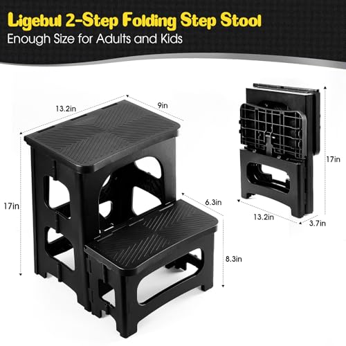 2 Step Stool Foldable for Adults—Plastic Folding Step Stool in Black (Ligebul)