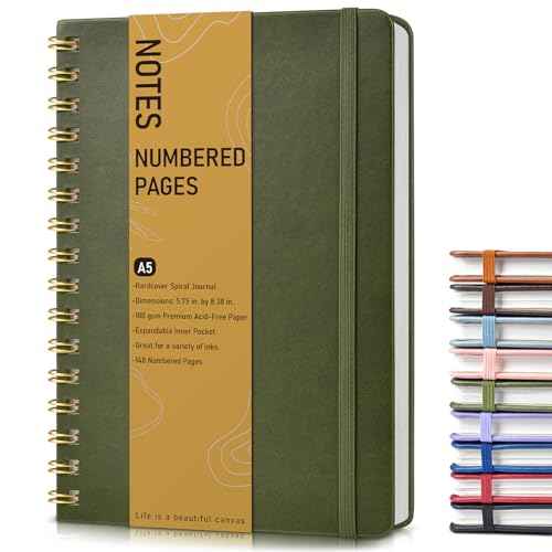 Lined Spiral Journal Notebook, A5 Hardcover Spiral Journals for Women Men, 150 Numbered Pages Spiral Bound Notebook, 100 GSM College Ruled Notebooks for Work, Note Taking 5.75" x 8.38", Olive Green