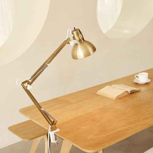 GLOBE Electric 62000010 32" Multi-Joint Desk Lamp with Metal Clamp, Matte Brass, White Accents, On/Off Rotary Switch on Shade, Partially Adjustable Swing Arm, Home D?cor, Office Accessory
