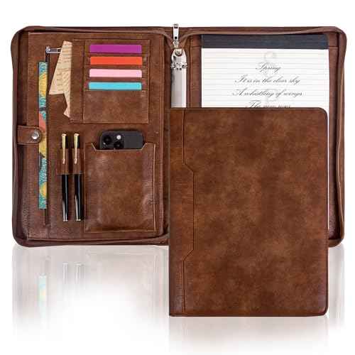 Calfinder 3 Ring Portfolio Binder with Zipper,Business Padfolio for Men&Women,Leather Portfolio Organizer with Card/Documents Holder, Leather Binder for Interview/Office and Travel, Gift for Men