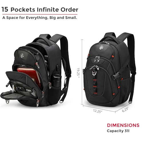 Swissdigital Design Laptop Backpack with USB Charging Port, Travel Backpack Fits 15.6 inches Computer, 31L College School Backpack for Men, Black | SD803