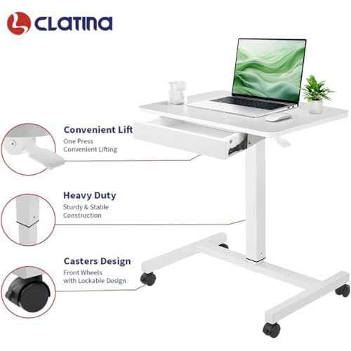 CLATINA Mobile Laptop Standing Desk, Height Adjustable Teacher Podium with Lockable Wheels, Adjustable Work Table with Drawer, Computer Cart Overbed Table for Home Office Classroom, White
