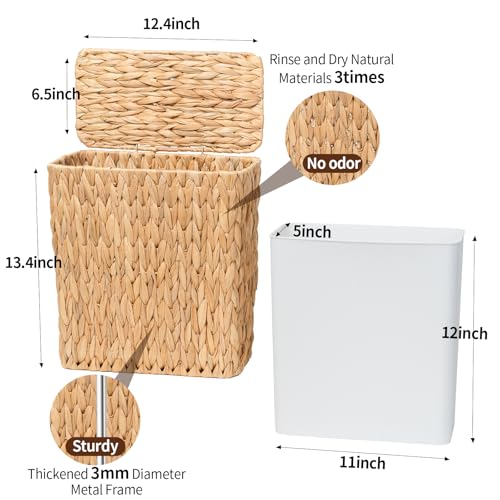 Coeusy Water Hyacinth Wicker Trash Can with Lid, Small Bathroom Waste Bin 3 Gallon