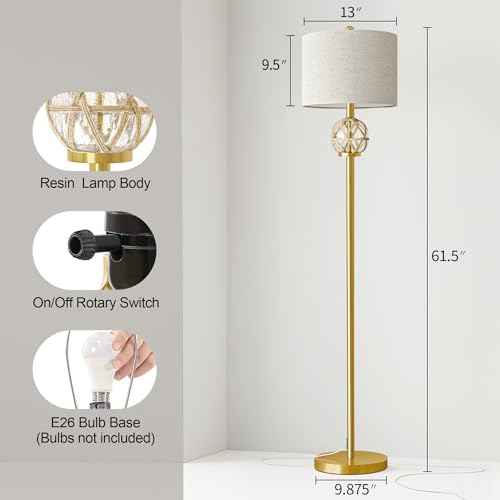 Oneach 61.5" Modern Floor Lamp for Living Room, Gold Boho Standing Lamp with Rattan Glass Design, Rotary Switch, Farmhouse Tall Lamps for Bedroom Office Dining Room (Without Bulb)