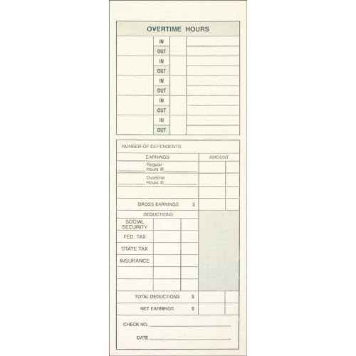Adams Time Cards, Weekly, 2-Sided, Overtime Format, Named Days, 3-3/8" x 9", Manila, Green/Red Print, 200-Count (9791-200)