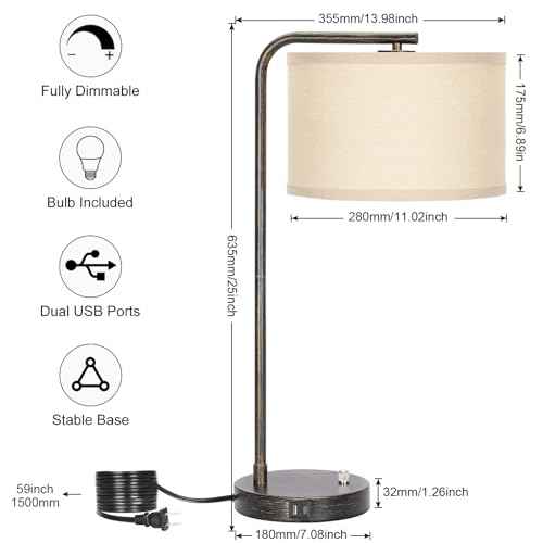 Bedside Table Lamp with USB C+A Charging Ports, Fully Dimmable Industrial Tall Nightstand Reading Desk Lamp for Bedroom, Living Room, Office, 9W LED Bulb Included