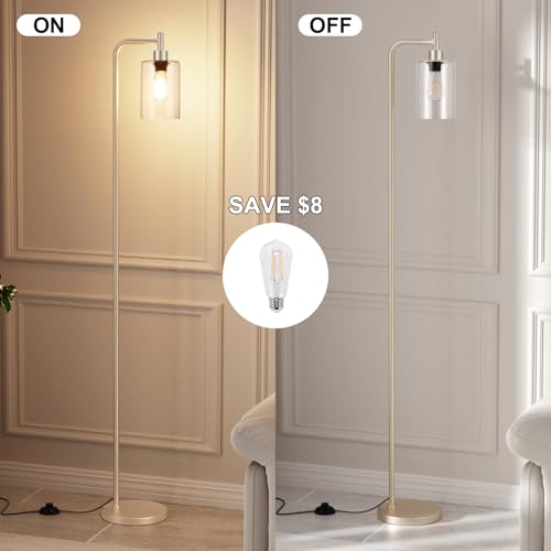Floor Lamps for Living Room - Industrial Standing Lamp with Glass Shade, Modern Gold Floor Lamp with LED Bulb, Tall Lamp for Bedroom Office - Light Gold