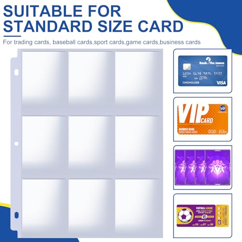 1080 Pockets Card Sleeves Binder Sheets, 9 Pocket Card Sleeves for 3 Ring Binder, Trading Cards Sleeves Fit for Baseball, Football, Game, Business Cards(60 Pages)