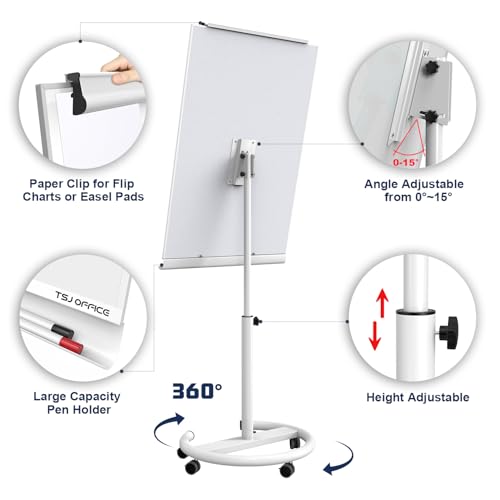 TSJ OFFICE White Mobile Standing Whiteboard 40 x 26 Inches with Adjustable Height & Angle